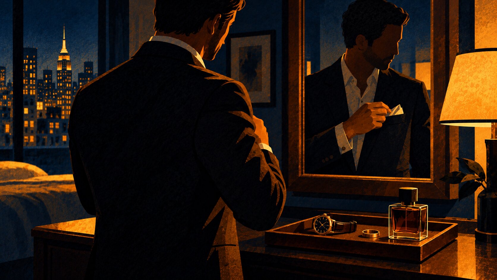 A man at a mirror doing a final check before heading out, adjusting a pocket square beside a valet tray with a single watch and ring